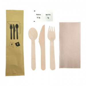 Wooden cutlery kit + napkin + salt and pepper (250 pcs)