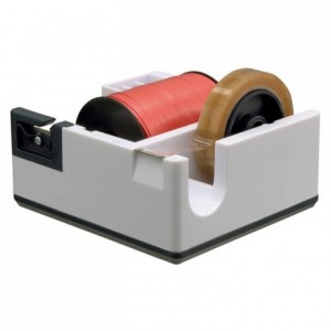 Counter dispenser for gift wrap ribbon and adhesive roll