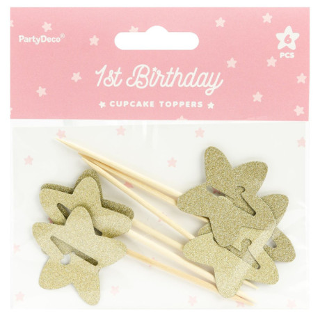 Toppers pour cupcakes PartyDeco premier anniversaire étoile or (lot de 6)