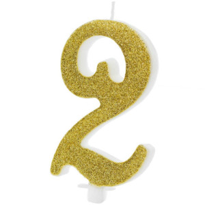 PartyDeco Glitter Number 2 Gold Candle