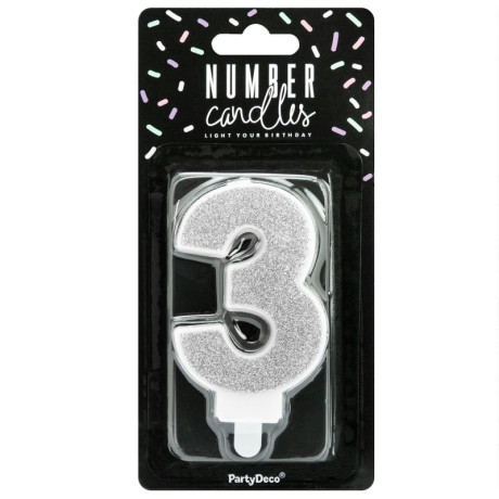 PartyDeco Number 3 Silver Candle